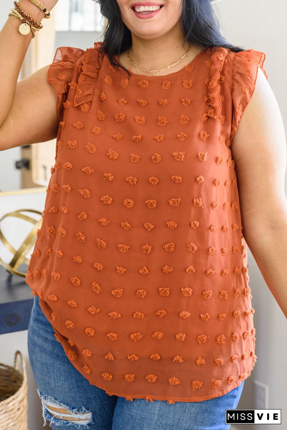 Orange Sheer Ruffle Detail Swiss Dot Curvy Tank Top