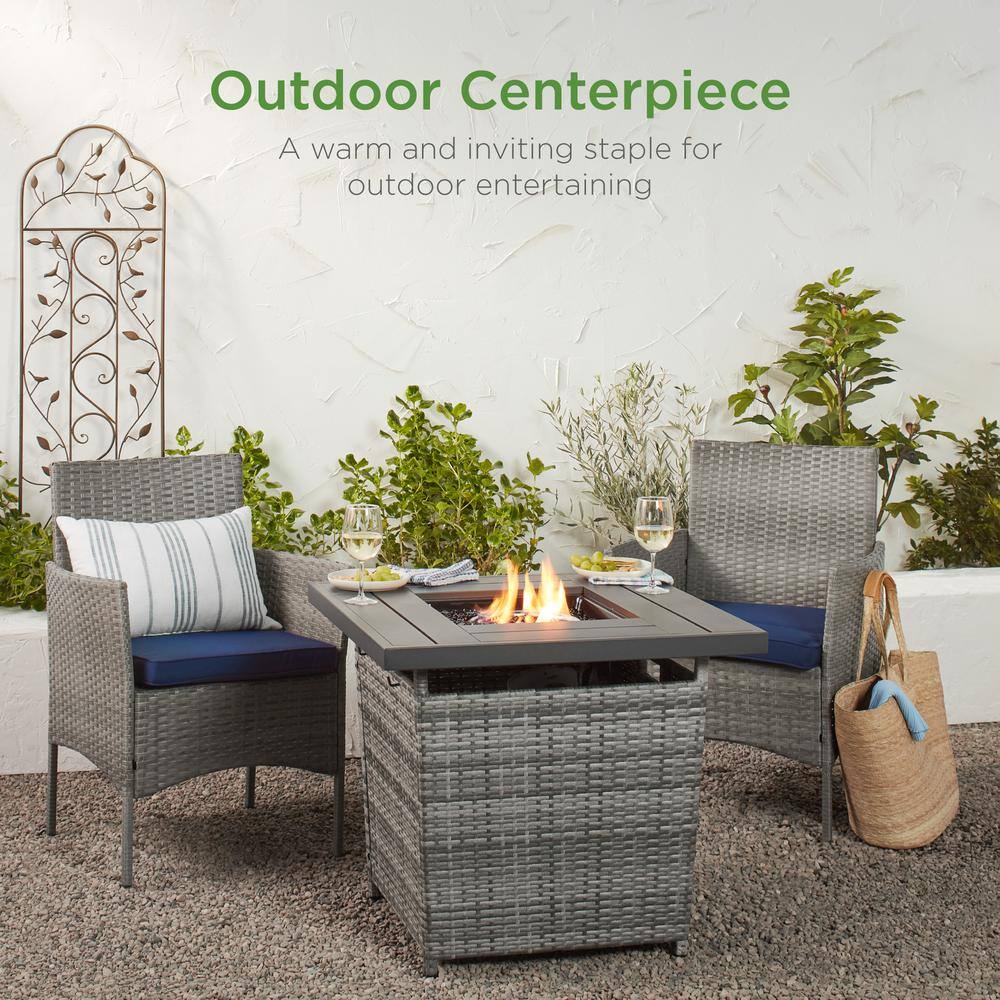 Best Choice Products 28 in. Ash Gray Square Wicker Outdoor Propane Gas Fire Pit Table w Faux Wood Tabletop SKY5672