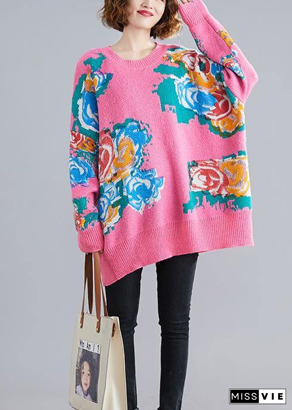 For Spring pink print sweaters plus size o neck knit top silhouette