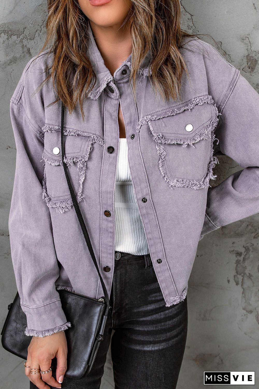 Distressed Flap Pockets Frayed Hemline Denim Jacket