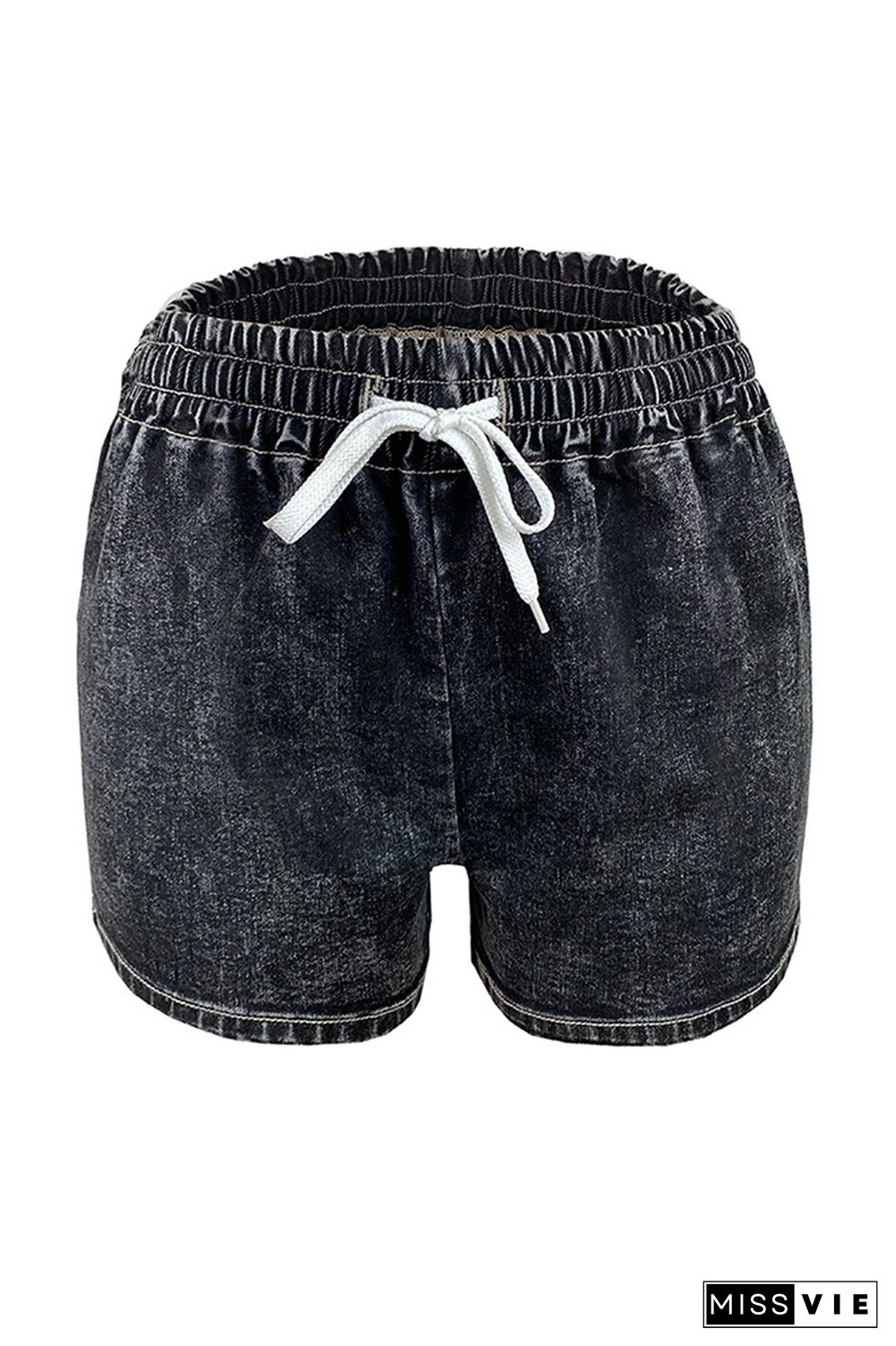 Black-Gray Drawstring Elastic Waist Denim Shorts