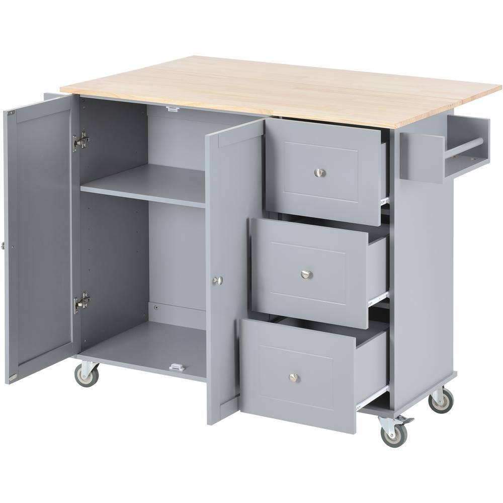 Runesay Gray Blue Rolling Mobile Kitchen Island with Solid Wood Top and Locking Wheels Storage Cabinet Drop Leaf Breakfast Bar EC-KCGB-5163