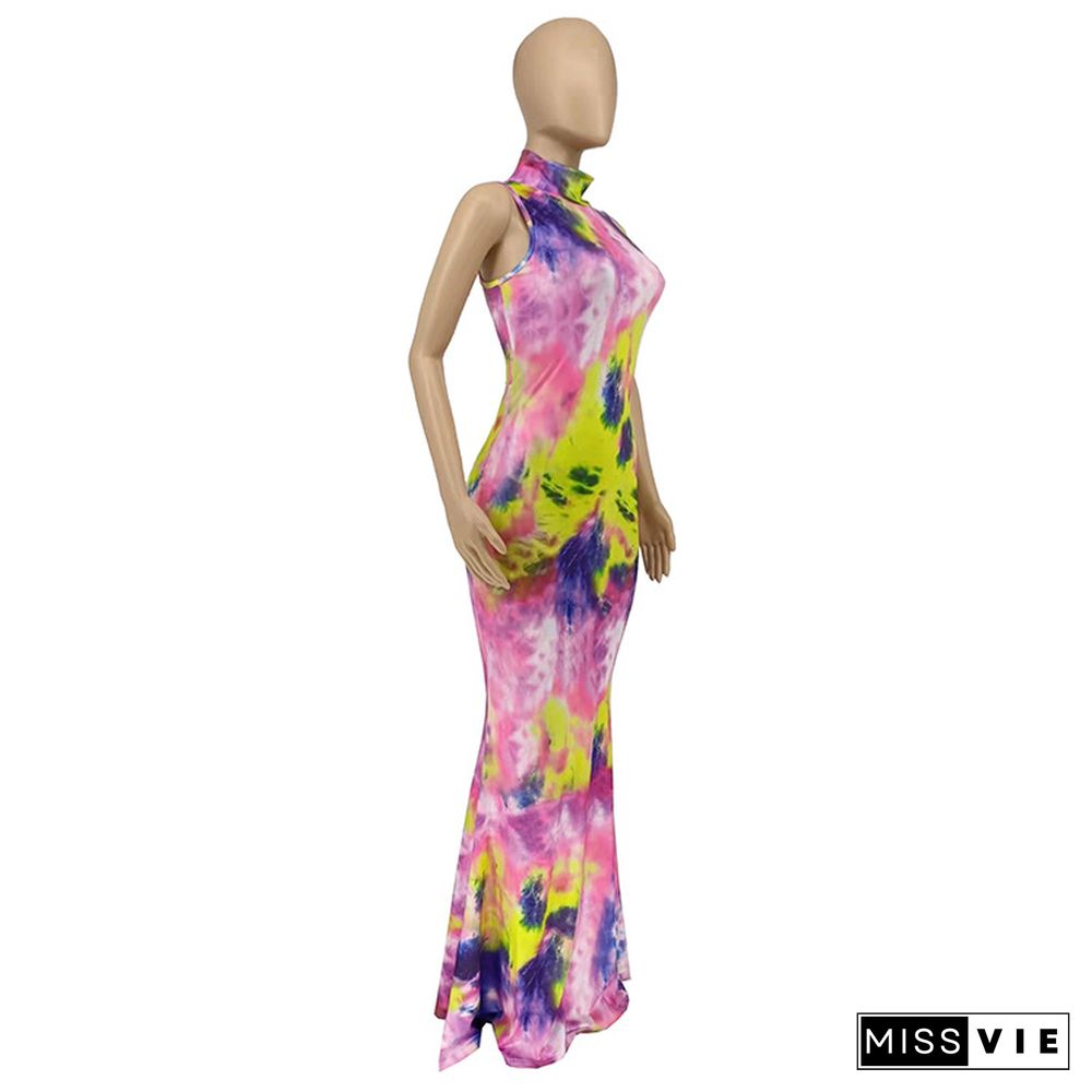 Summer Hot Style Women Tie Dye Print Sleeveless Turtleneck High Waist Skinny Long Dress