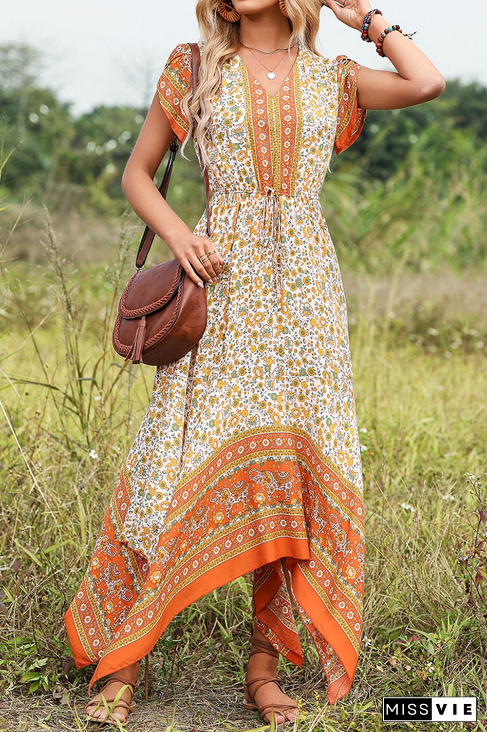 V Neck Drawstring Bohemian Floral Irregular Length Maxi Dress