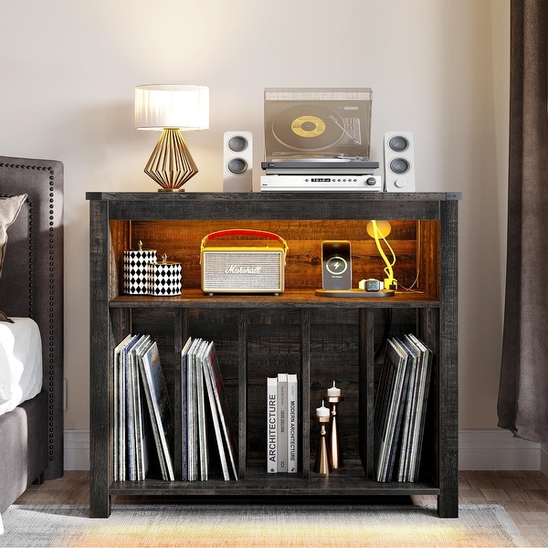 Large Record Player Stand with Power Outlets and LED Lights Turntable Stand