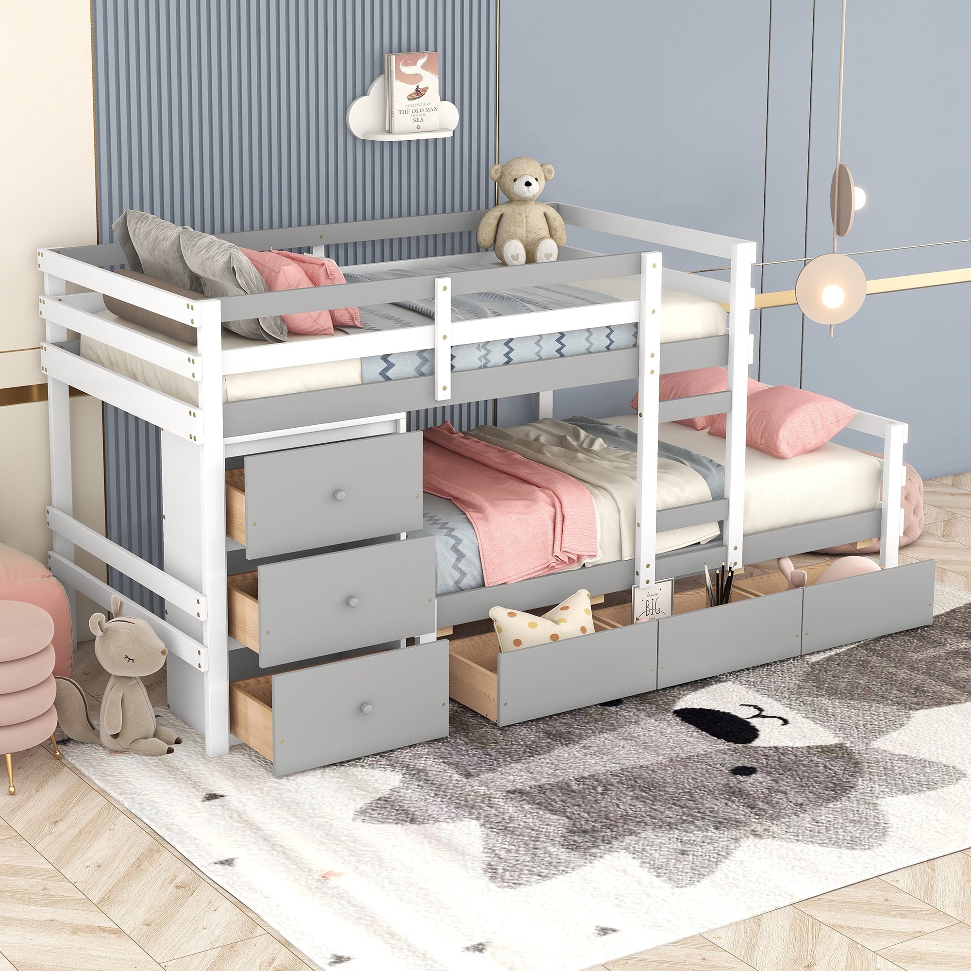 Twin over Twin Bunk Bed with Six Drawers for Kids Room, Gray