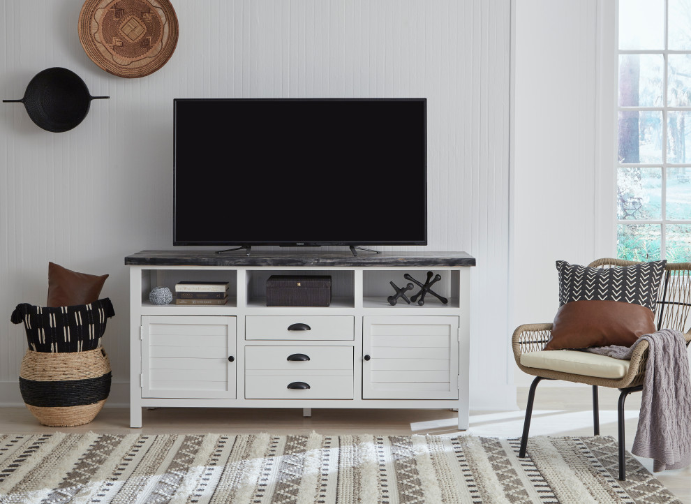 Laredo 65 quotTV Entertainment/Media Console  White/Distressed Black   Transitional   Entertainment Centers And Tv Stands   by Progressive Furniture  Houzz