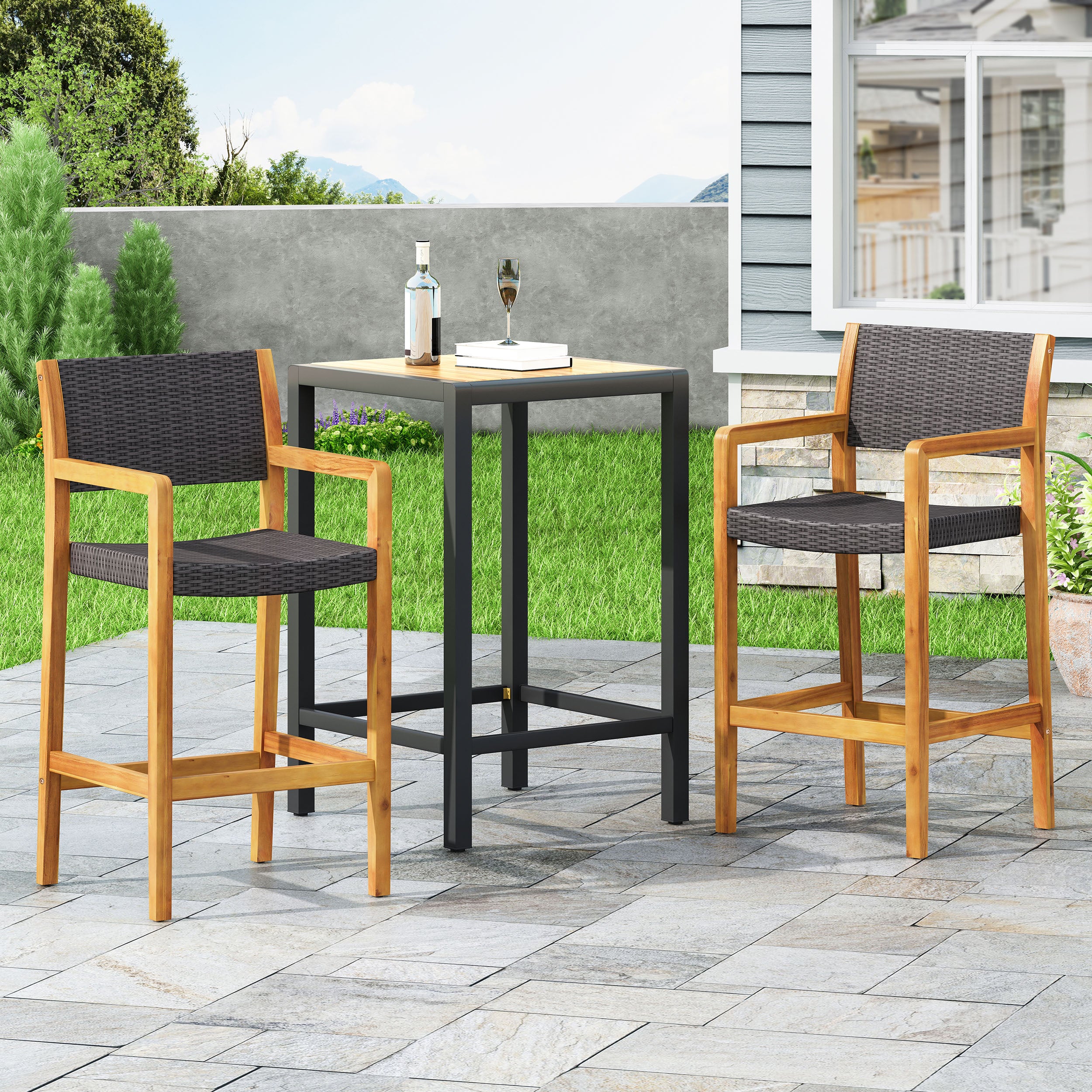 Eliani Outdoor Acacia Wood Barstools with Wicker (Set of 2)