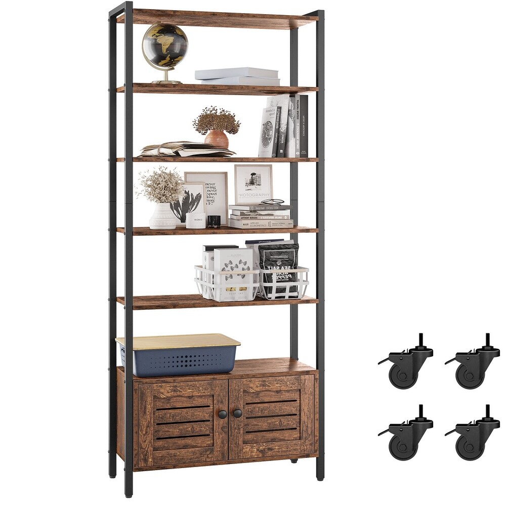 Bookshelf and Bookcase with 2 Louvered Doors and 5 Shelves  Standing Storage Cabinet for Living Room