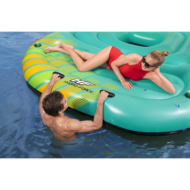 Bestway Hydro Force Sunny 5 Person Inflatable Large Floating Island Lake Water Lounge Raft With Cup Holders And Removable Sunshade Green