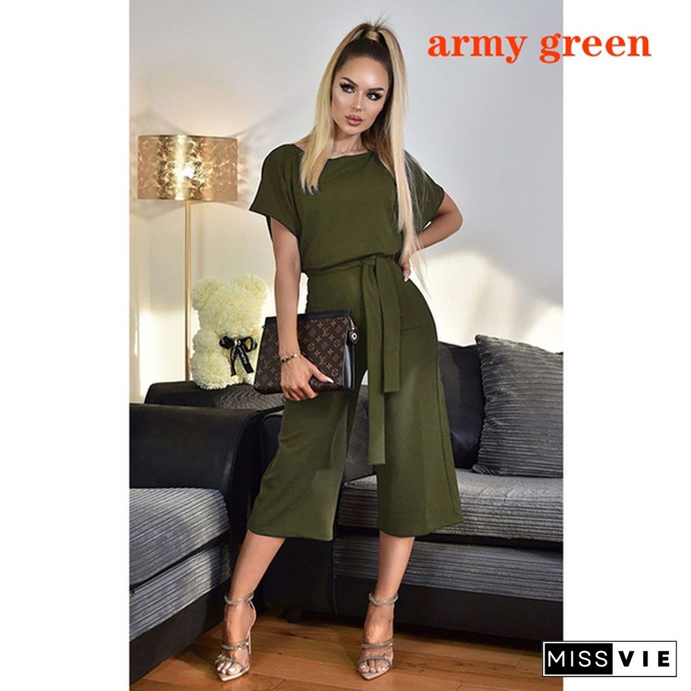 Women Casual Wide Leg Solid Color Business Wear Short Sleeve Jumpsuit