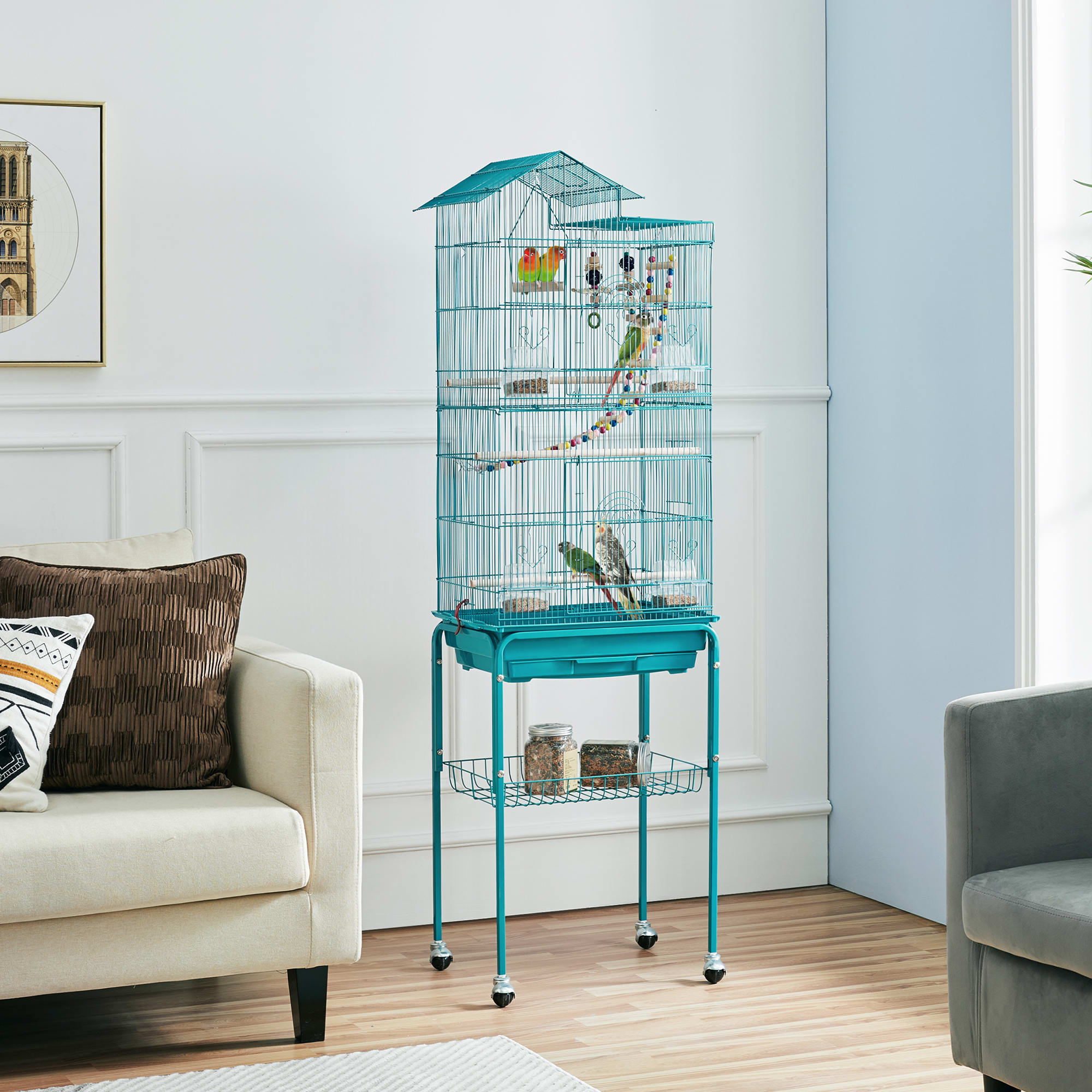 Topeakmart Teal Blue Metal Bird Cage with Ladder Toy and Rolling Detachable Stand， 62.4 H