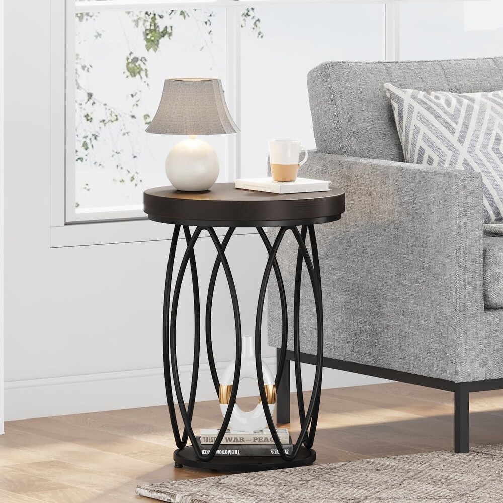 Industrial Round Side Table  Small End Table with Metal Frame