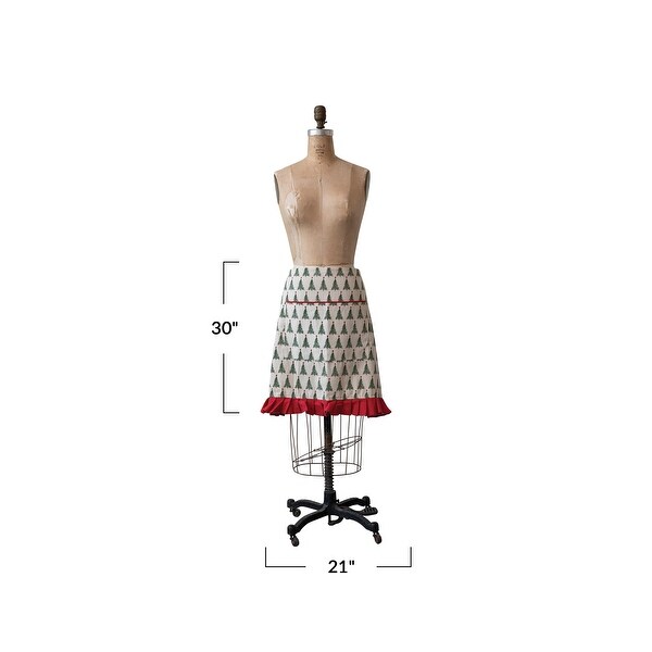 Cotton Printed Half Apron with Christmas Tree Pattern，Pocket and Ruffle