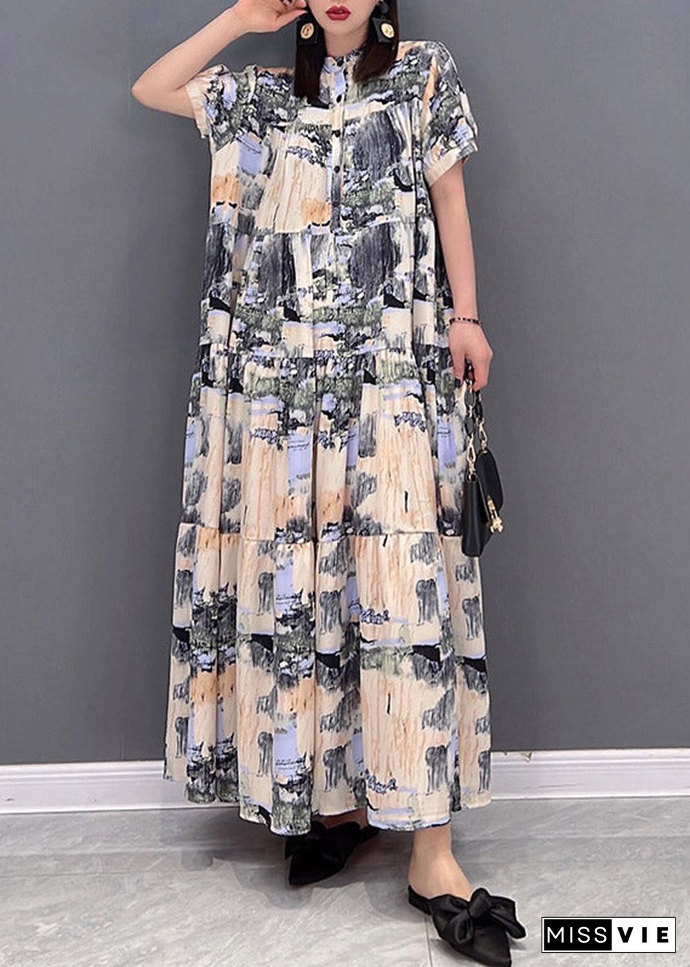 Elegant Stand Collar Button Print Patchwork Wrinkled Chiffon Long Dress Short Sleeve