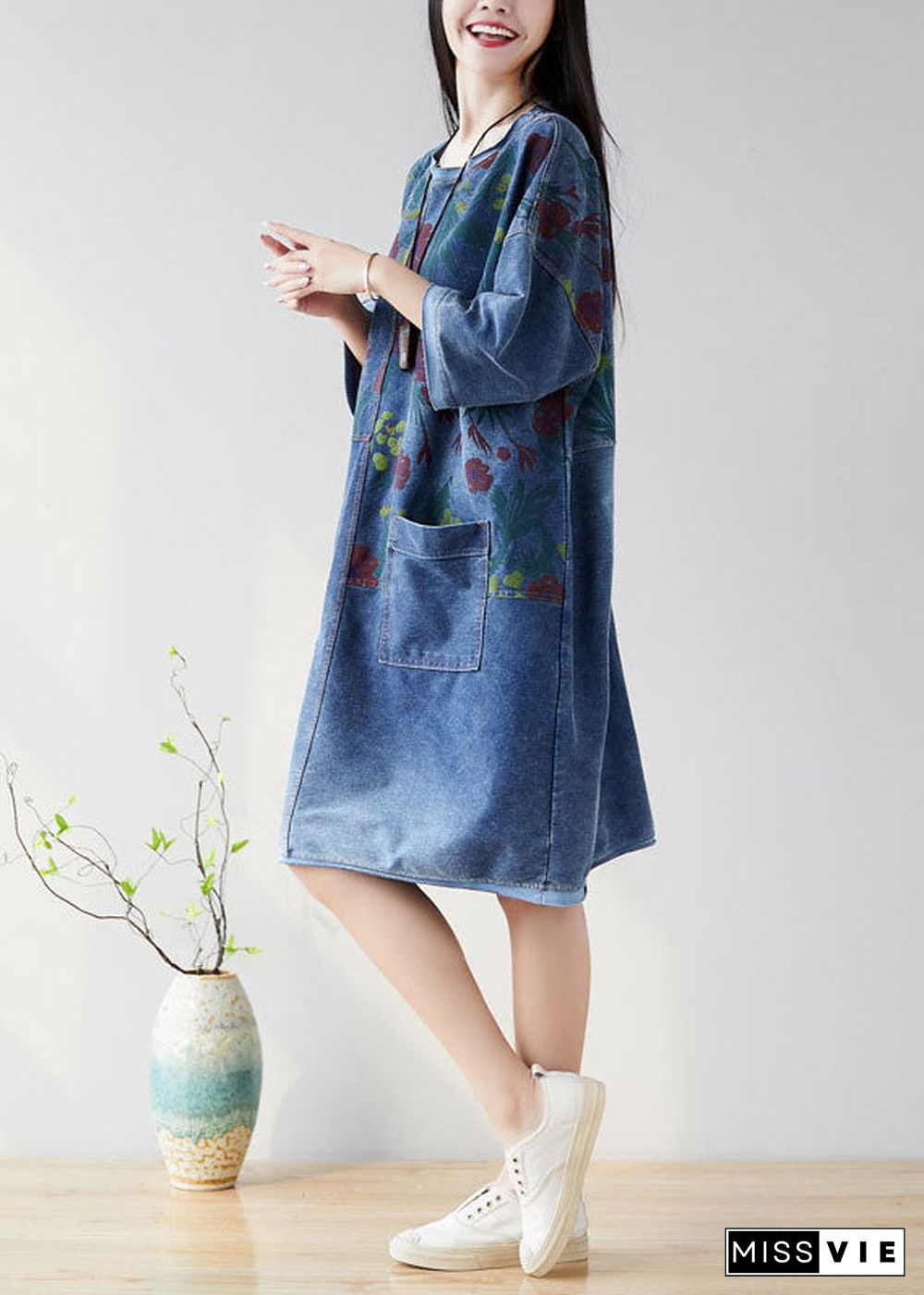 Organic Navy O Neck Patchwork Denim Dresses Half Sleeve