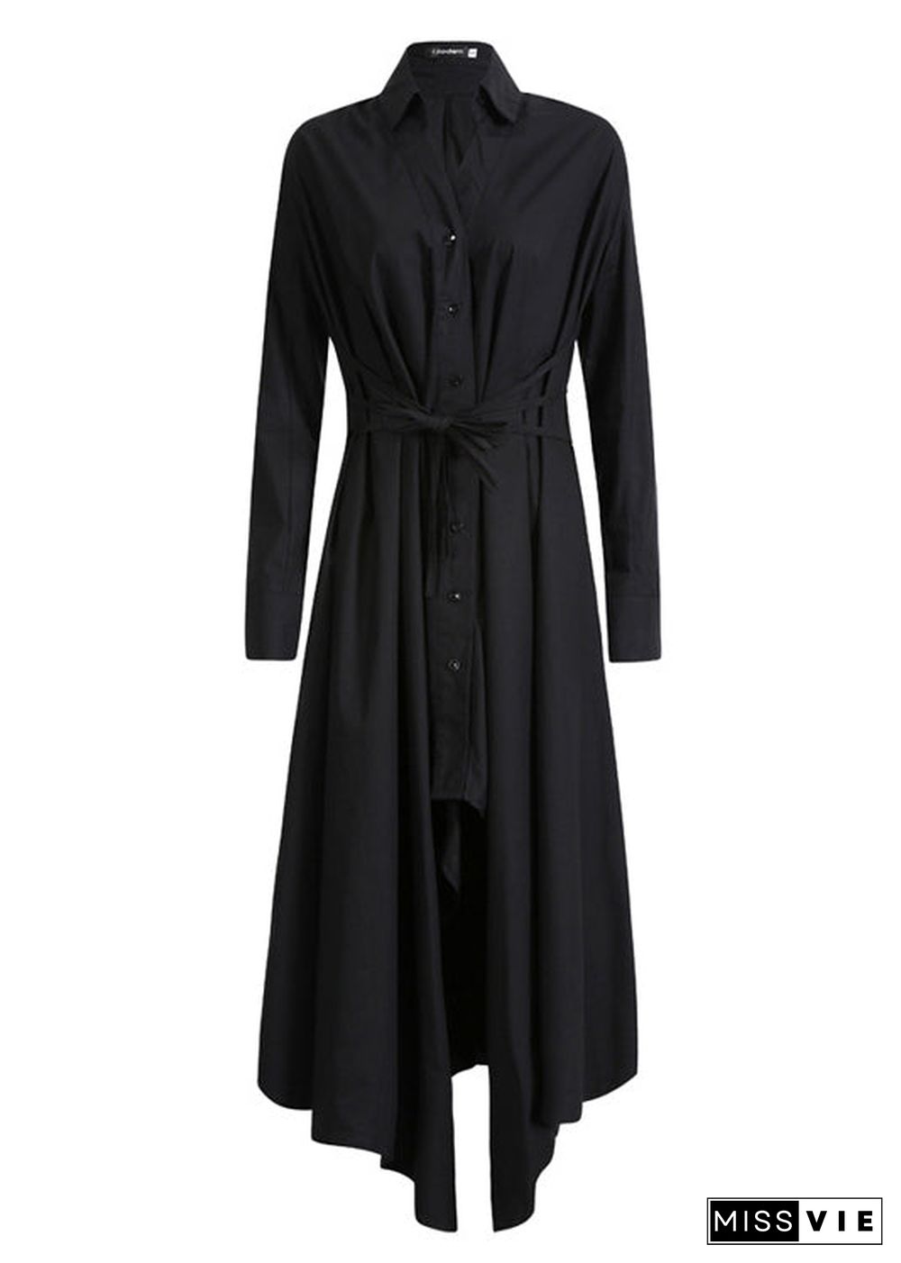 Women Black Asymmetrical tie waist Long Dresses Long Sleeve