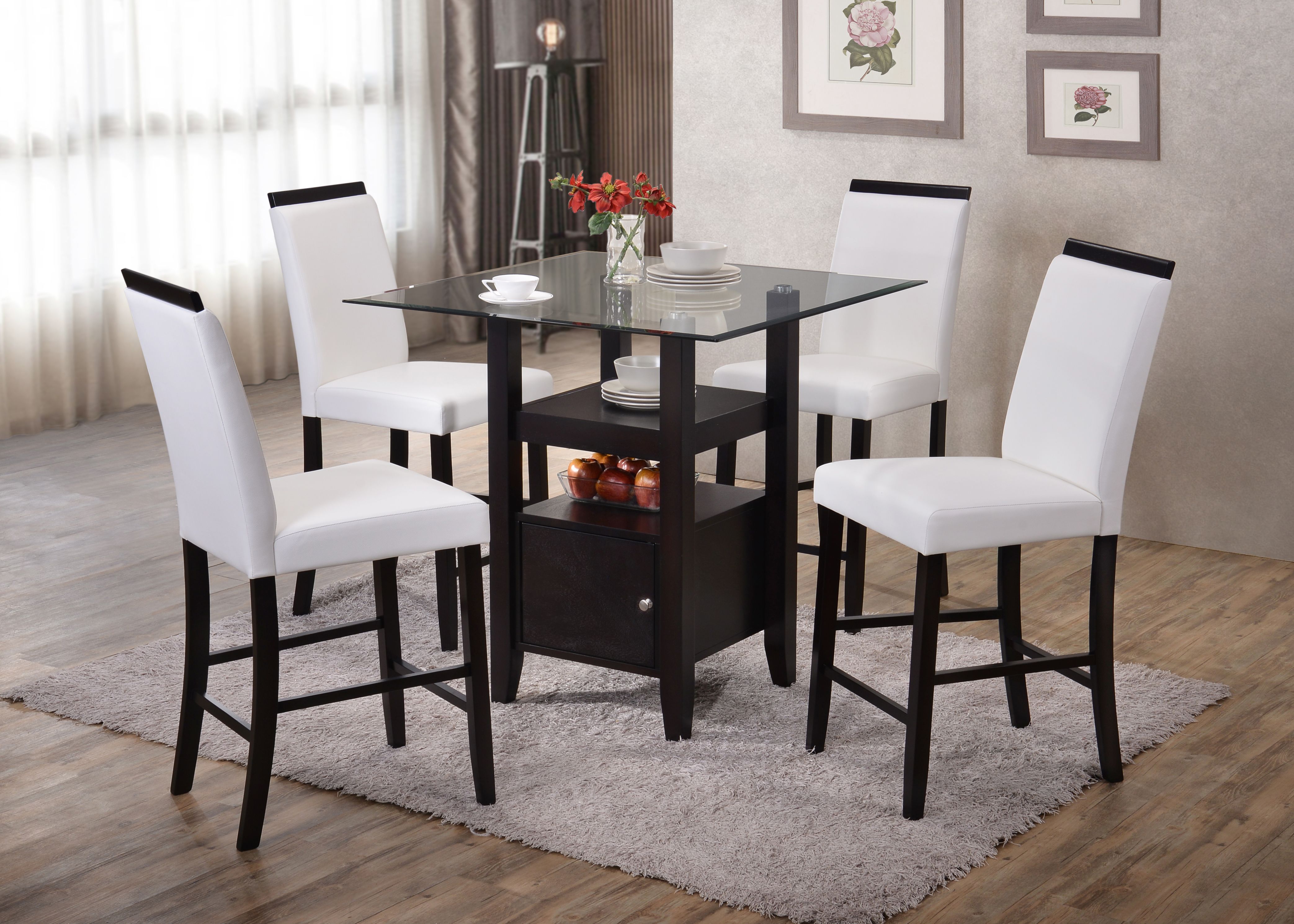 Lenn Counter Height Kitchen Dining Table， Cappuccino Wood， Beveled Glass Top， Transitional