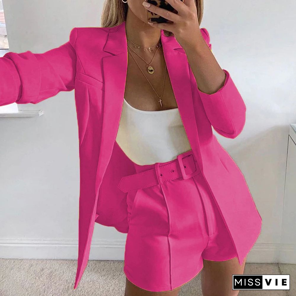 Women Office Sets Autumn Long Sleeve Cardigan Blazer Shorts Solid 2 Piece Set Decoration Pant Style Fabric Type Closure Type Age