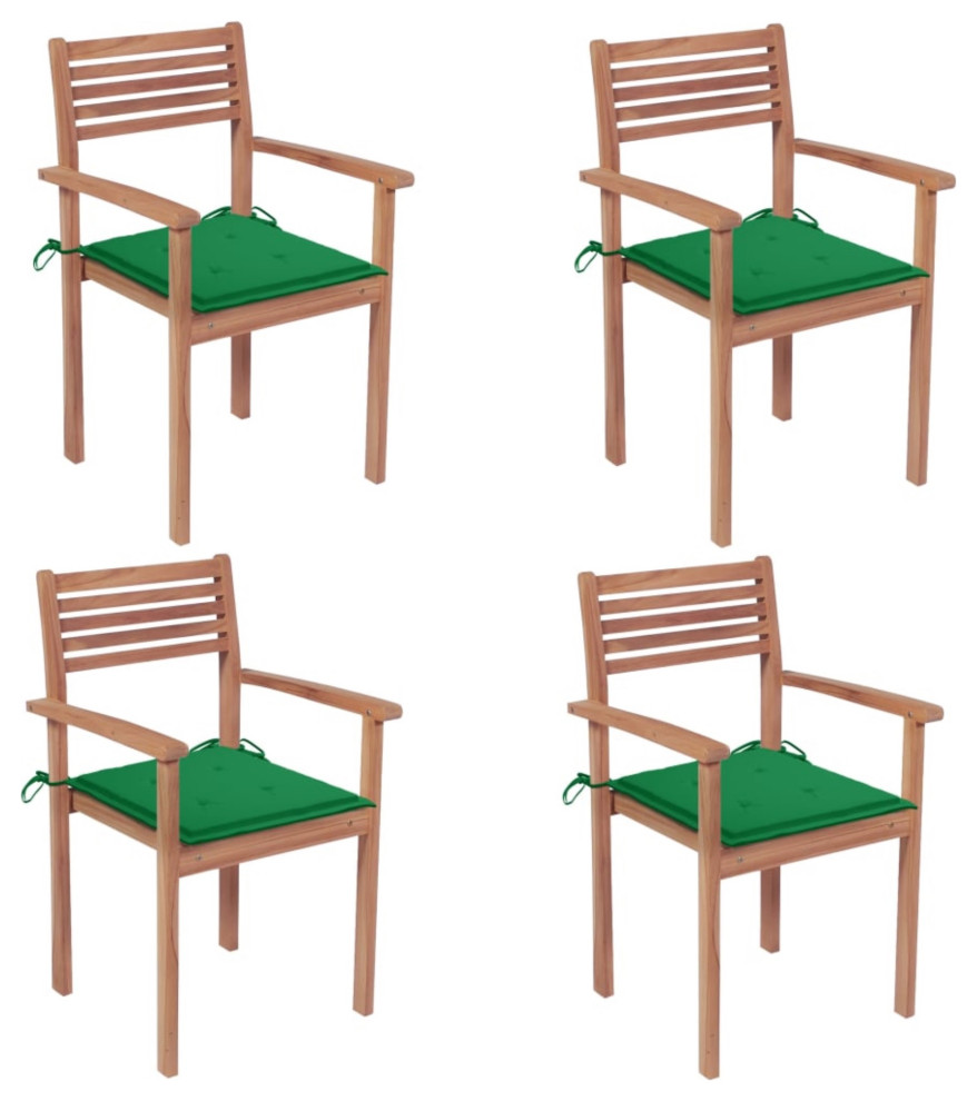 Vidaxl Garden Chairs  Set of 4  With Green Cushions Solid Teak Wood   Contemporary   Outdoor Dining Chairs   by Virventures  Houzz