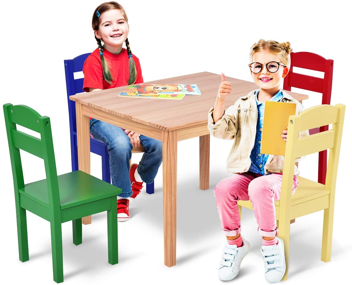 Kids Table and Chair Set, 5 Piece Wood Activity Table & Chairs for Children Arts Crafts