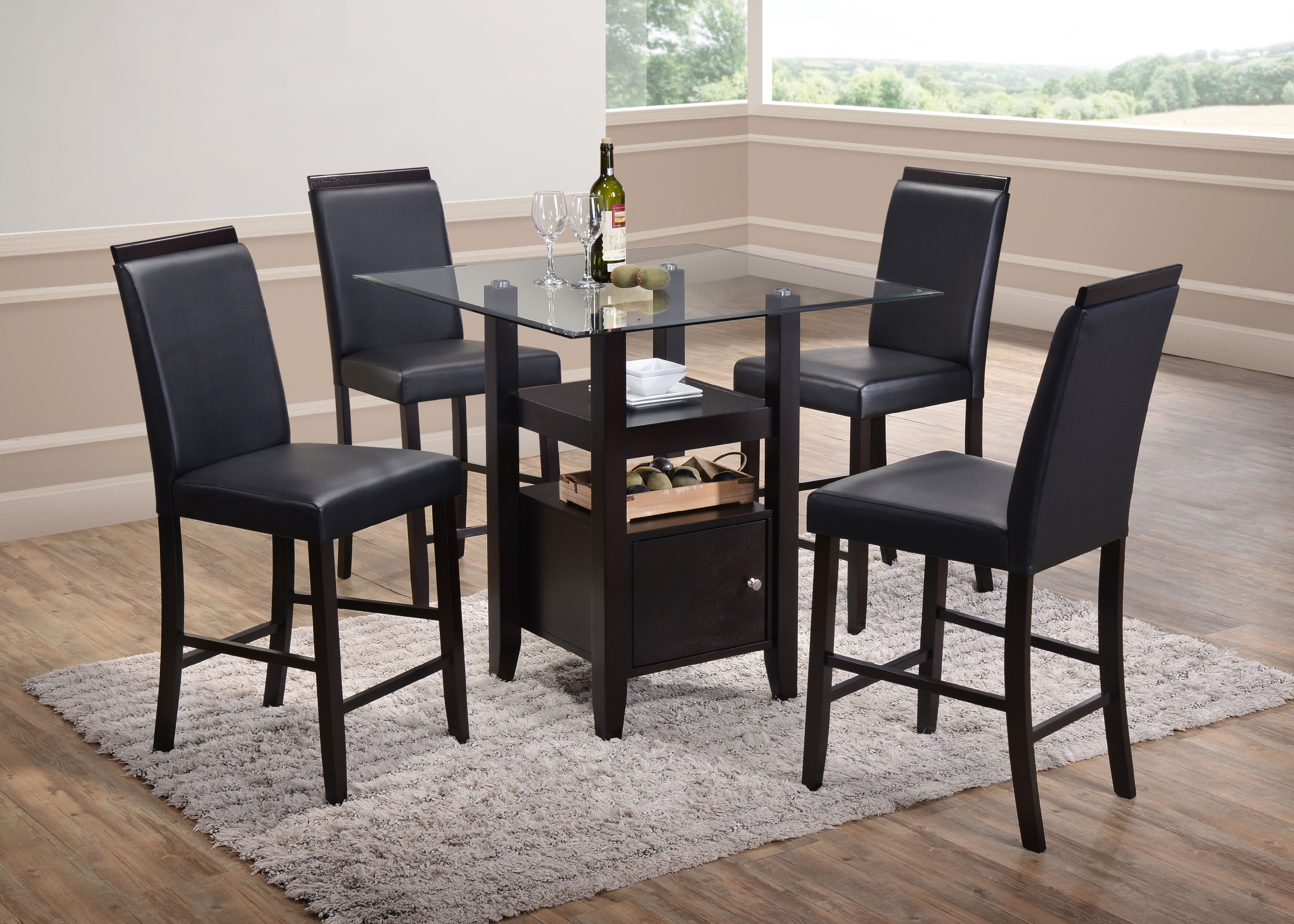 Lenn Counter Height Kitchen Dining Table， Cappuccino Wood， Beveled Glass Top， Transitional