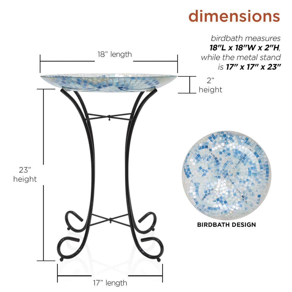 Alpine Corporation 24 in. Tall Outdoor Mosaic Style Glass Birdbath Bowl with Metal Stand, Blue HMD102A