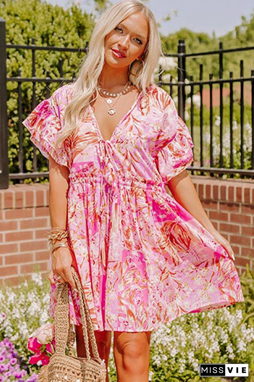 Pink Tie Knot Open Back V Neck Floral Dress