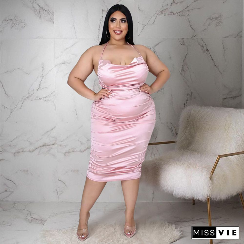 Plus Size Halter Backless Ruched Bodycon Party Dress