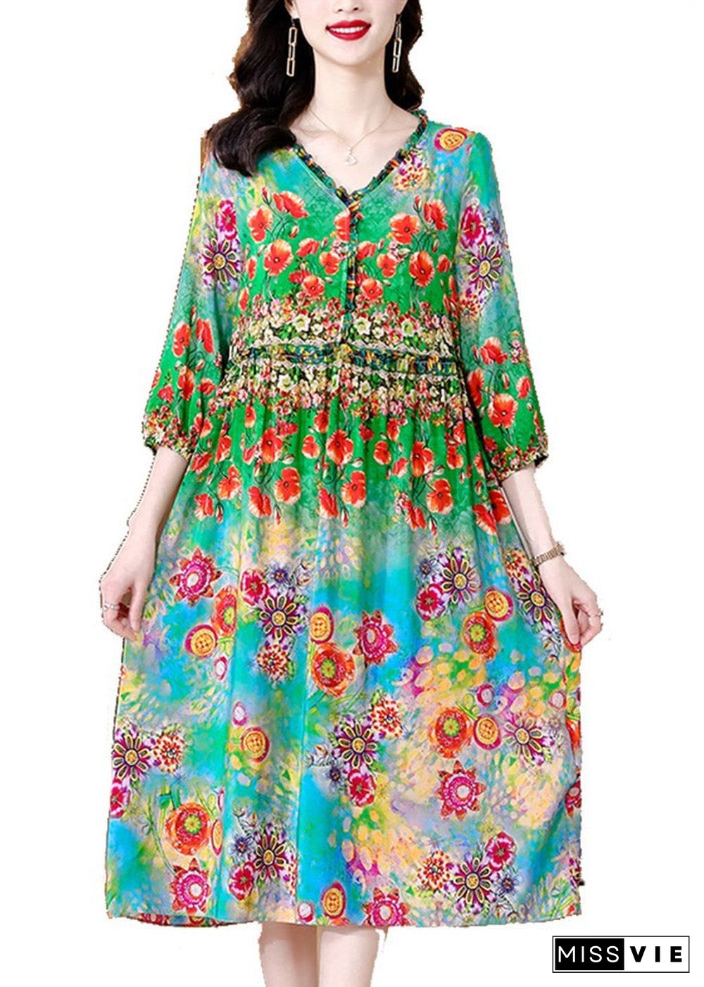 Loose V Neck Print Wrinkled Silk Long Dresses Half Sleeve