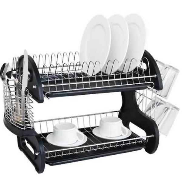 Multifunctional Dual Layers Bowls and Dishes and Chopsticks and Spoons Collection Shelf Dish Drainer Black 92476