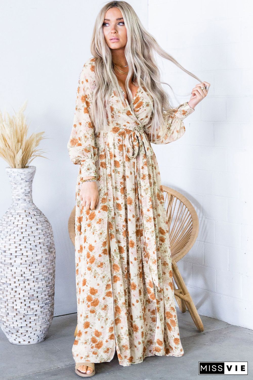 Orange Wrap V Neck Maxi Floral Dress with Side Slit