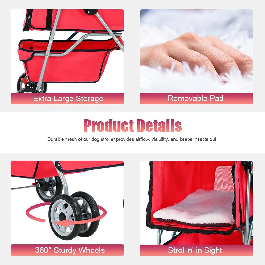 YRLLENSDAN Pet Gear Dog Stroller Small Dogs， Folding Cat Stroller with Cup Holders 4 Wheel Pet Strollers for Small Dogs Puppy Stroller Travel Carrier Dog Stroller for Medium Dogs， Red