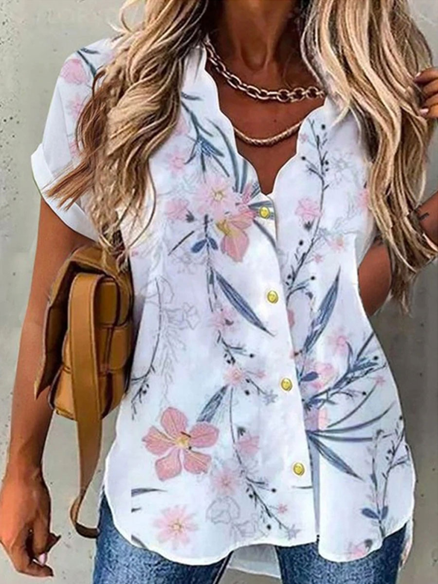 V-neck Casual Loose Floral Print Short Sleeve Blouse