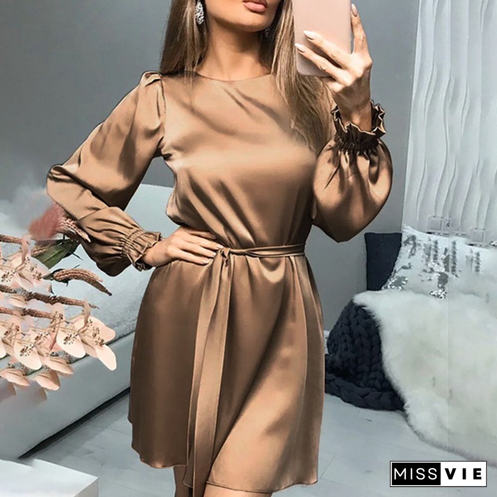 ZANZEA Women Spring Sundress Solid Casual Minimalist Full Sleeve Office O-Neck Mini Party Dress