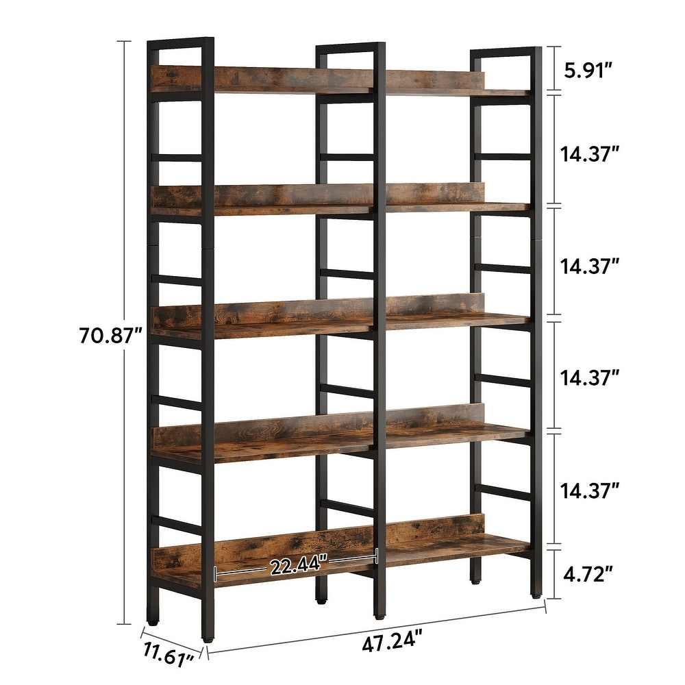 Double Wide Bookshelf  5 Tier Industrial Etagere Bookcase Free Standing Tall Book Shelf  Rustic Brown