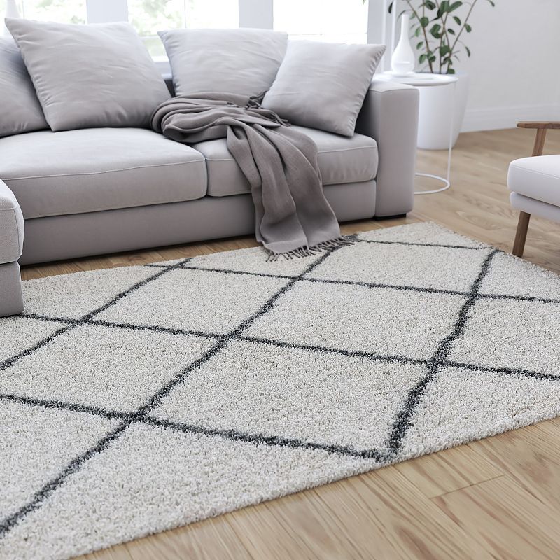 Merrick Lane Shag Style Diamond Trellis Area Rug - 5' x 7' - Ivory/Gray Polyester (PET)