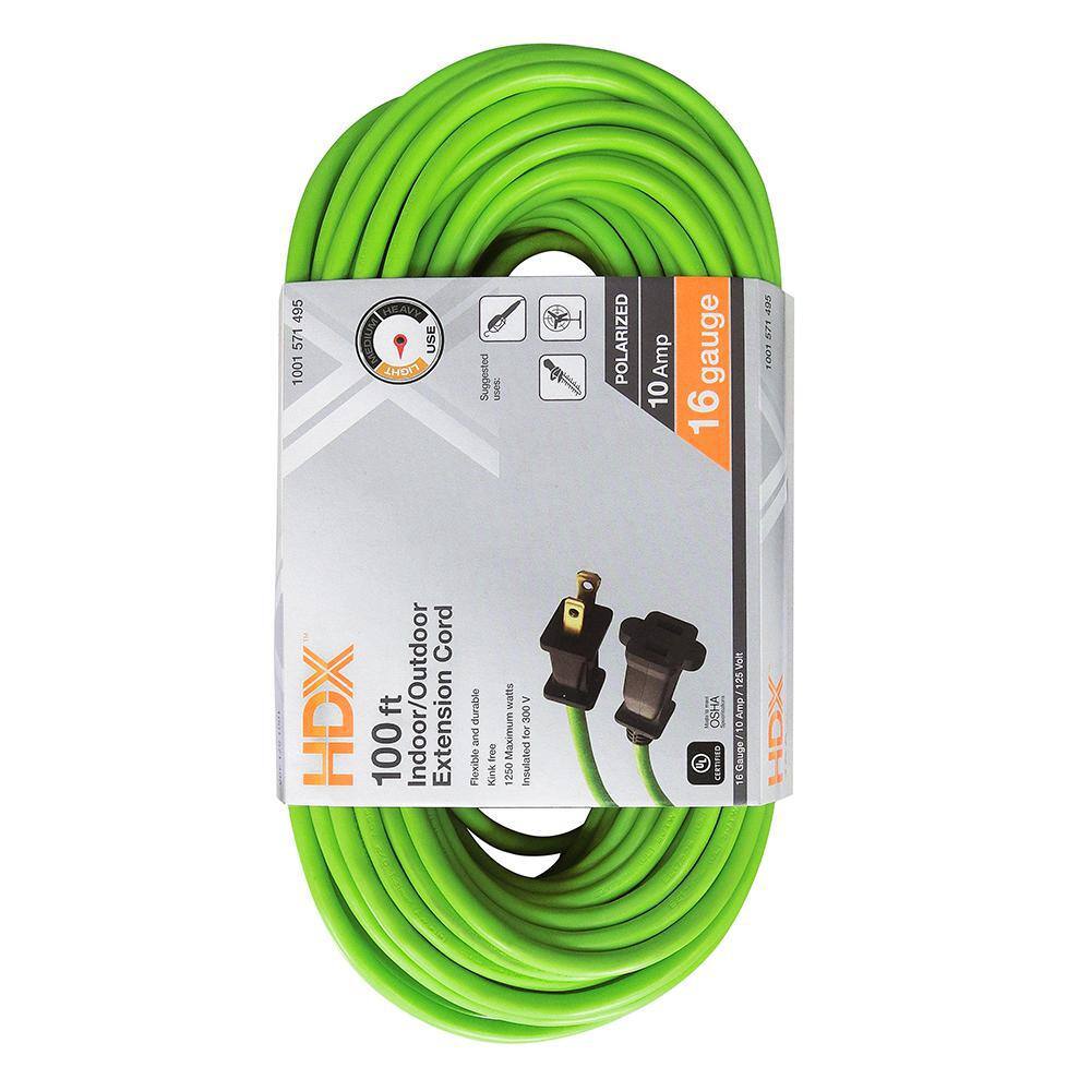 HDX 100 ft. 162 Light Duty IndoorOutdoor Extension Cord Green HW162100HLG