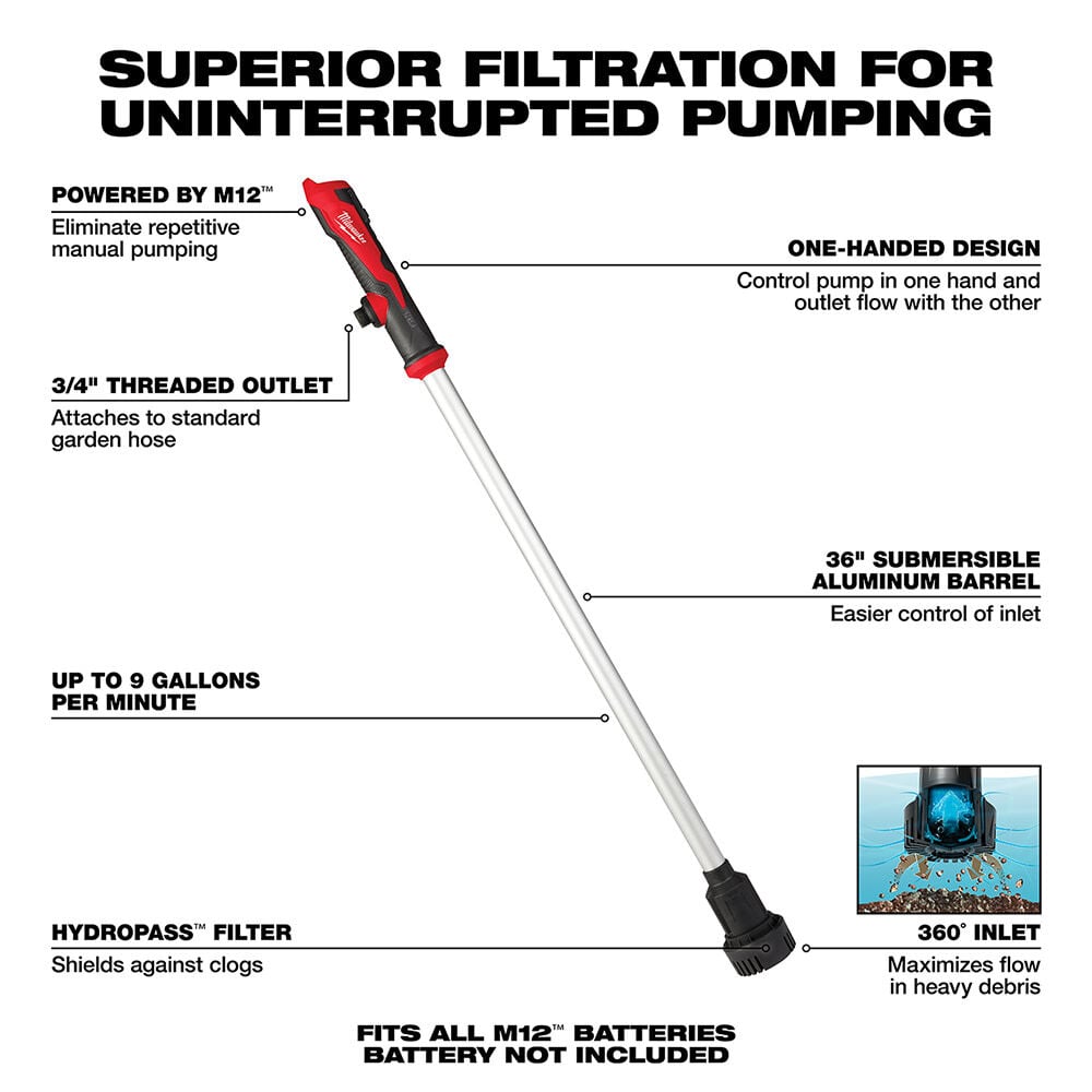 Milwaukee M12 Stick Transfer Pump with Battery & Charger Starter Kit Bundle 2579-20-48-59-2420 from Milwaukee