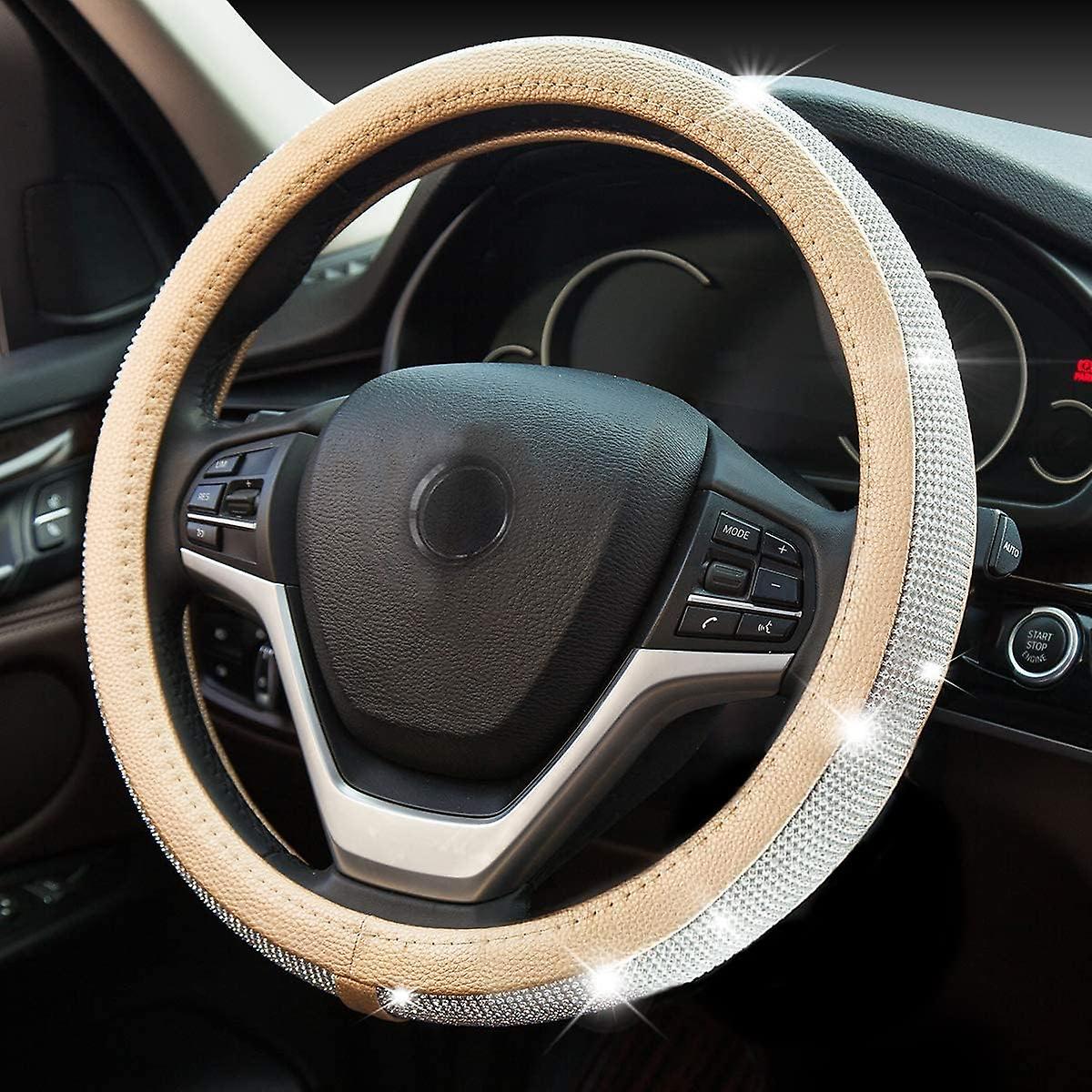 New Diamond Leather Steering Wheel Cover With Bling Bling Crystal Rhinestones， Universal Fit 15 Inch Anti-slip Wheel Protector For Women Girls，gold