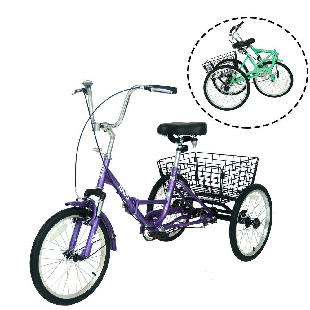 20 in. 3 Wheel Adult Foldable Tricycle Purple Bicycle with Shopping Basket TN131E-112