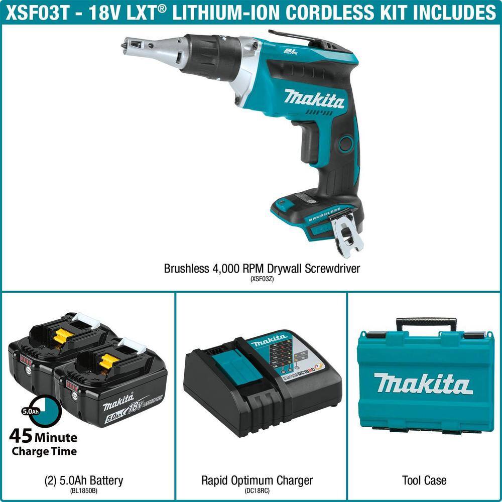 Makita 18V 5.0Ah LXT Lithium-Ion Brushless Cordless Drywall Screwdriver Kit XSF03T