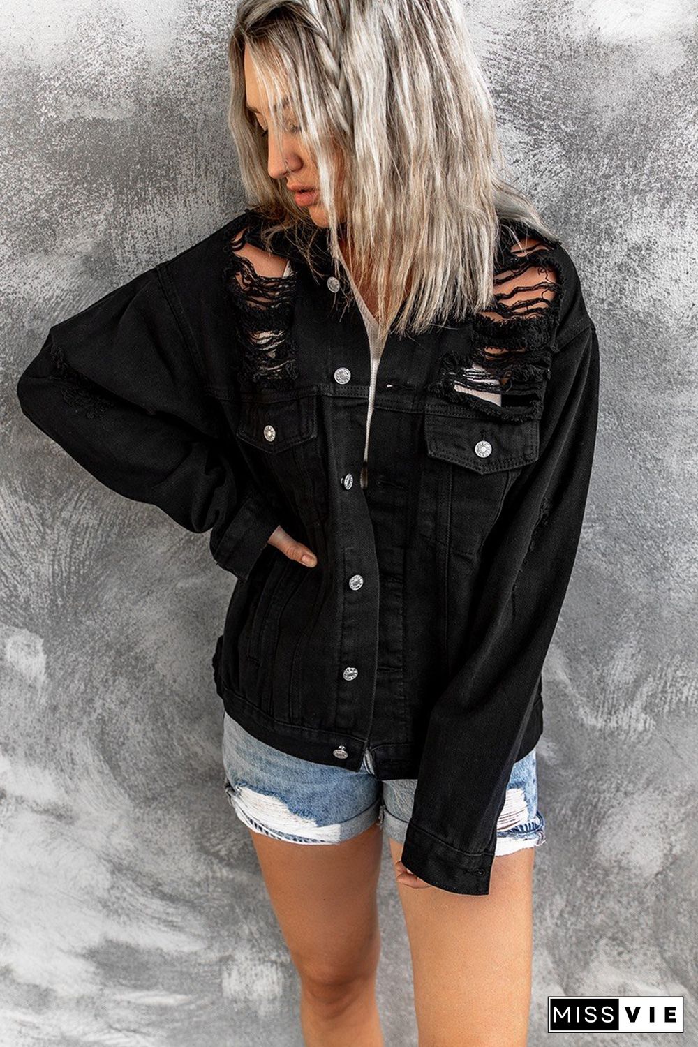 Black Distressed Buttons Chest Pockets Denim Jacket