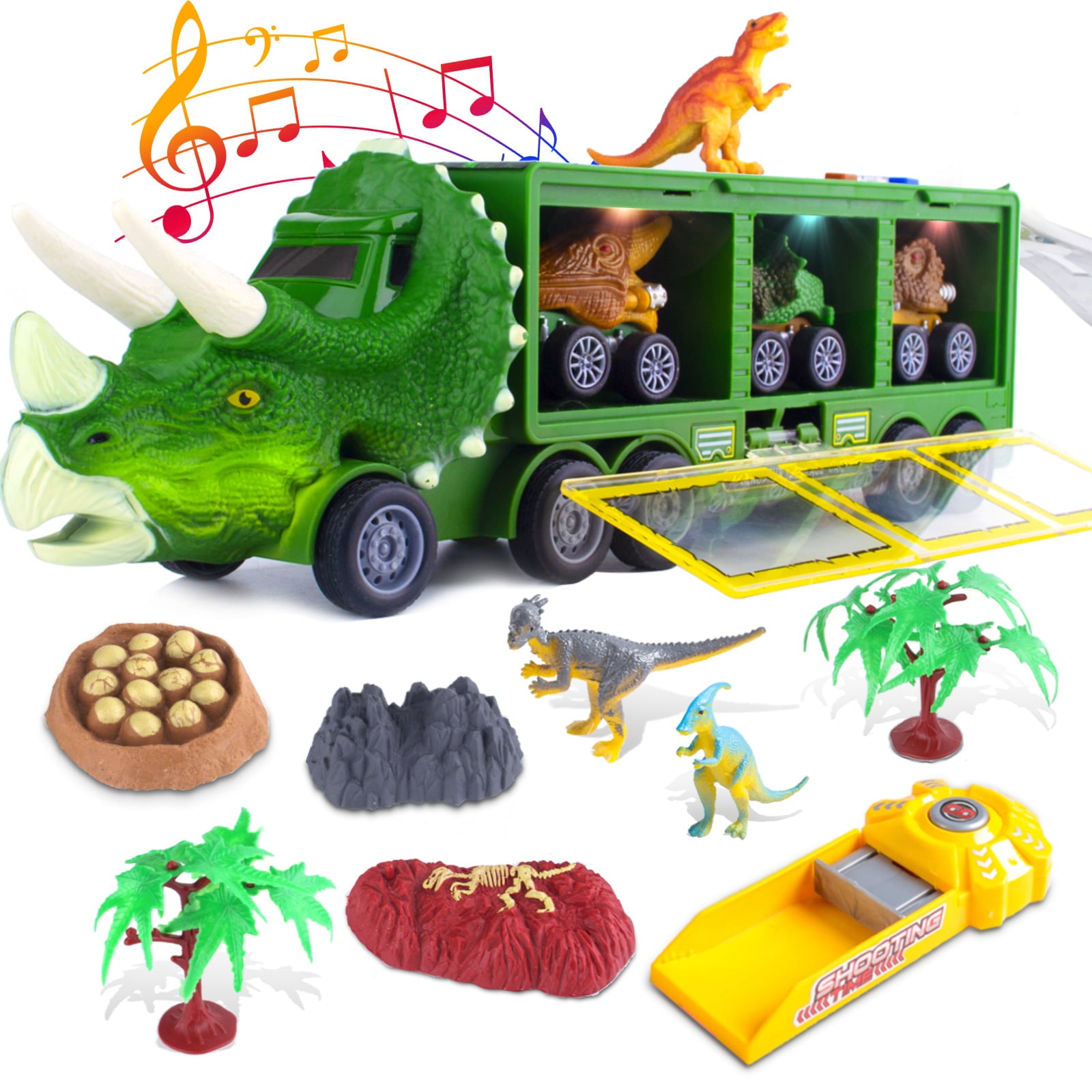 Dinosaur Toy Trucks Carrier for Kids Dinosaur Toys Set with Light Sound for Boys Girls Dinosaur Car Transporter Toy with Cars Launcher Track Pretend Toy Kids Gifts for 3 4 5 6 7 8 Years Old