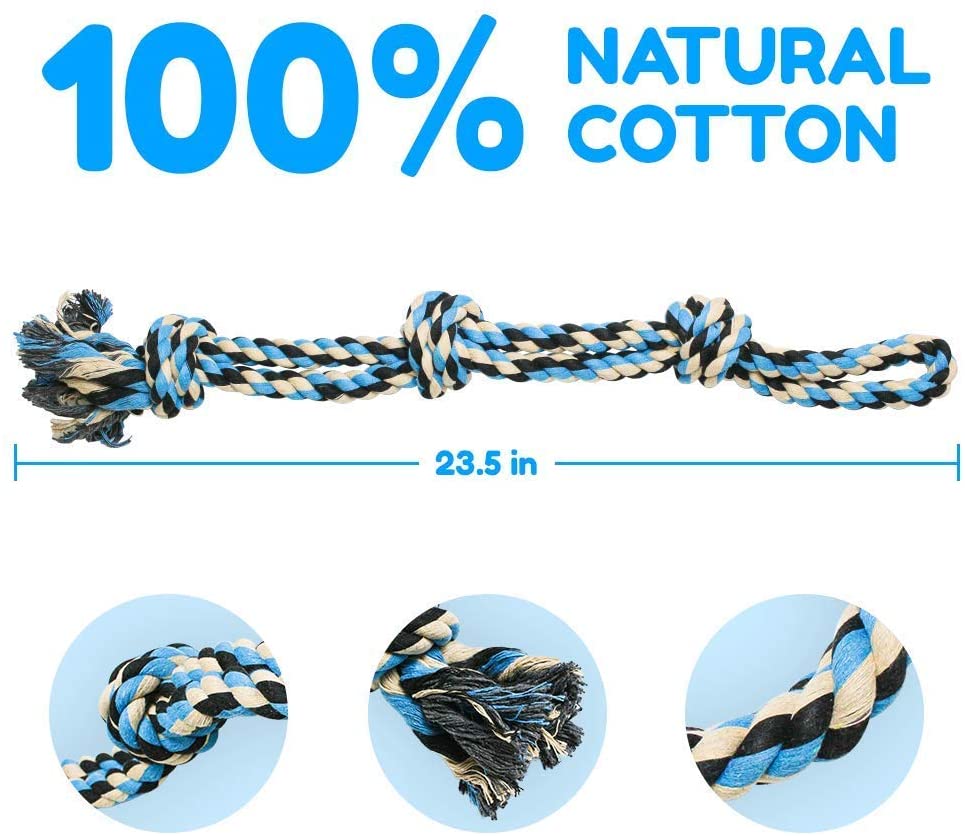 Pacific Pups Products Interactive Dog Toys， Blue， Tough Twisted Rope Toy with 3 Knots