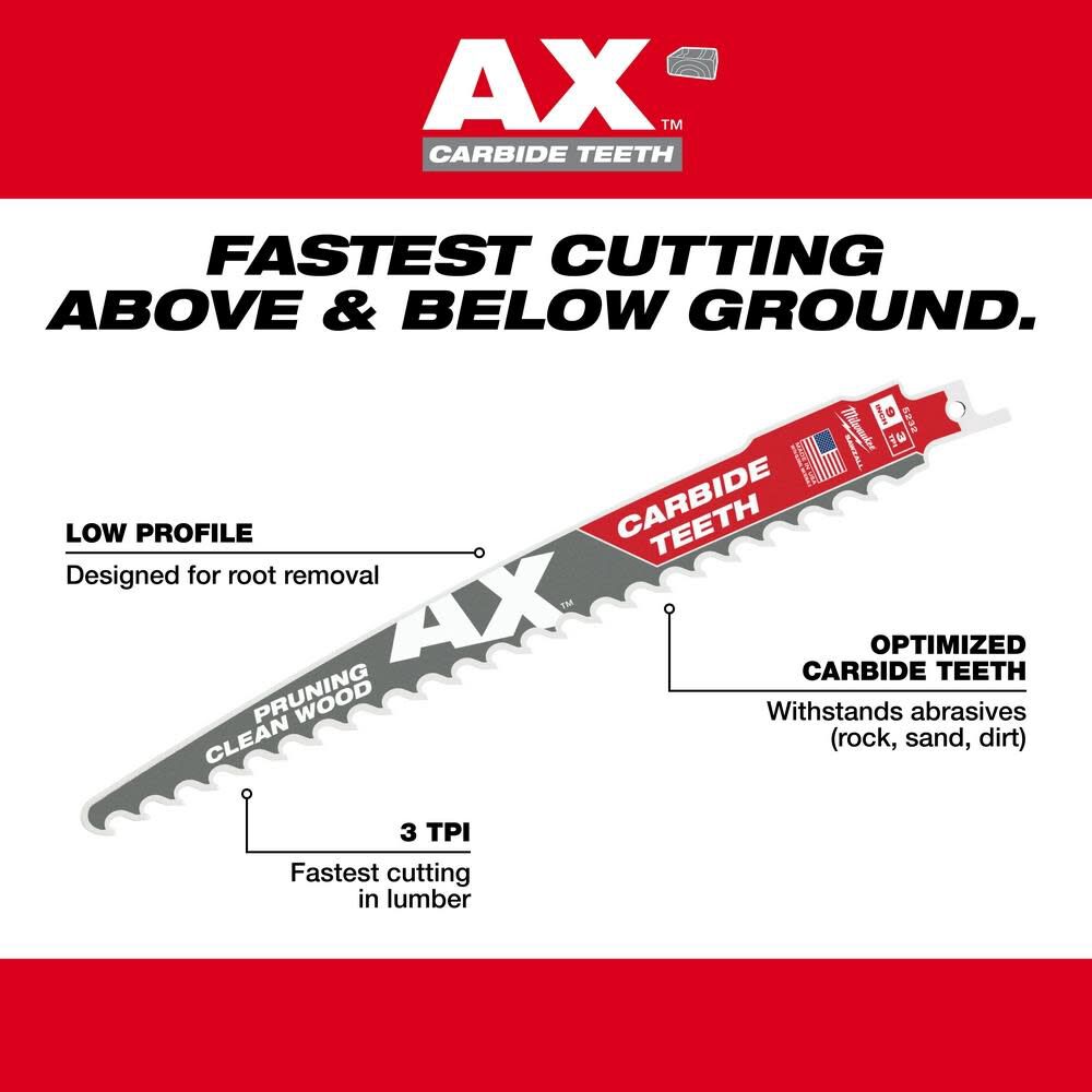 Milwaukee 12" 3 TPI The AX with Carbide Teeth for Pruning & Clean Wood SAWZALL Blade 3PK 48-00-5333 from Milwaukee