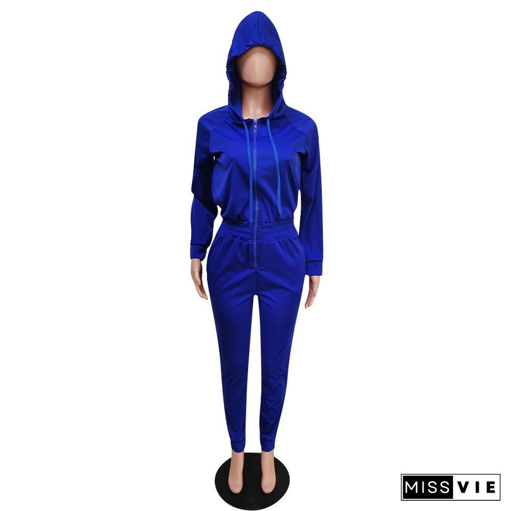 Casual Solid-color Long Sleeve Hooded Zipper Jumpsuit