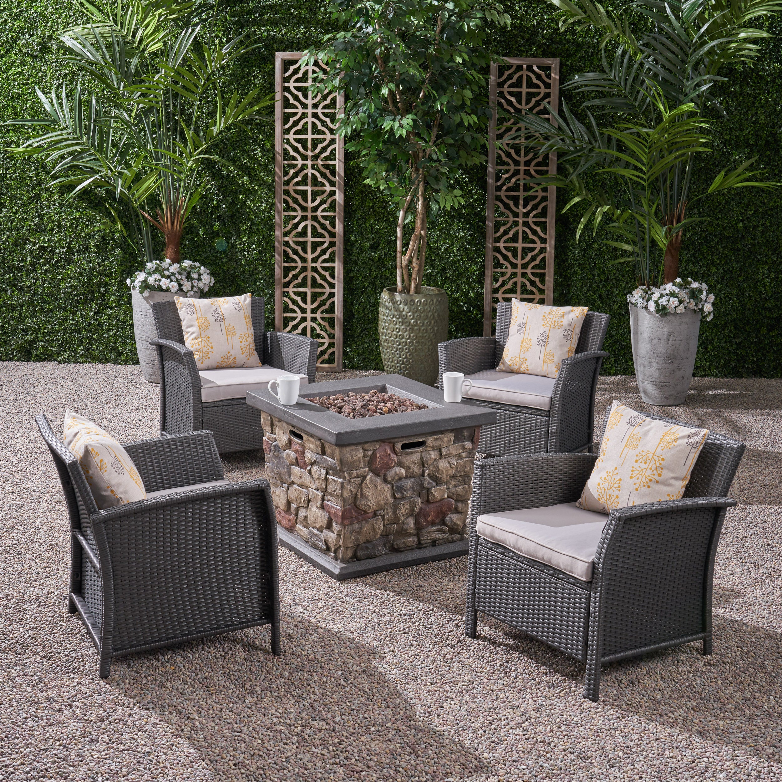 Laiah Outdoor 4 Piece Wicker Club Chair Chat Set with Stone Finished Fire Pit