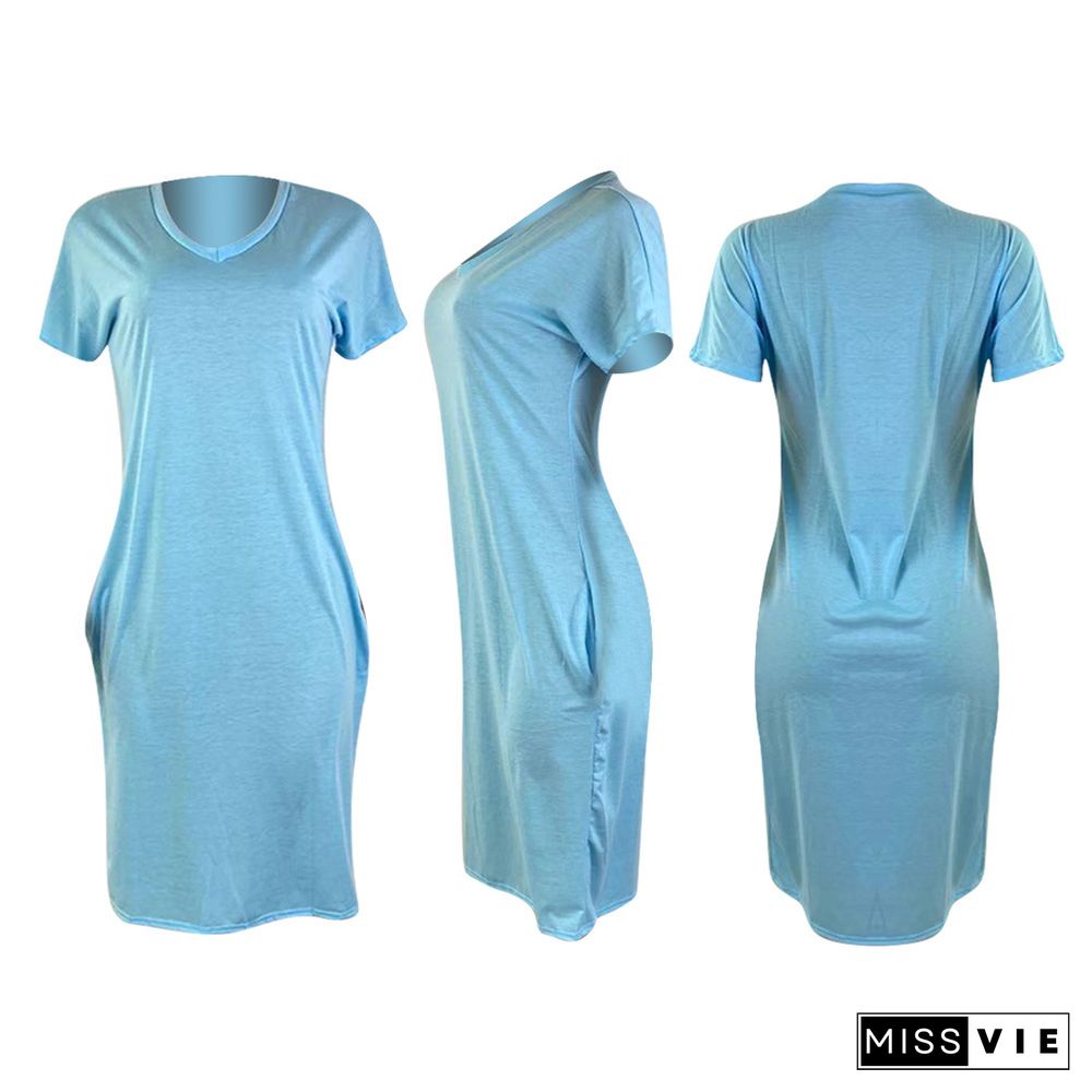 Summer Solid Color Short Sleeve V Neck Loose T Shirt Dress