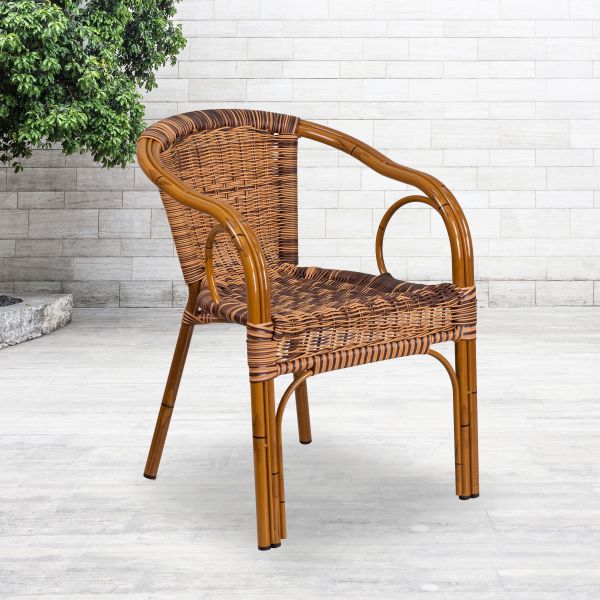 Cadiz Series Burning Brown Rattan Restaurant Patio Chair with Dark Red Bamboo-Aluminum Frame